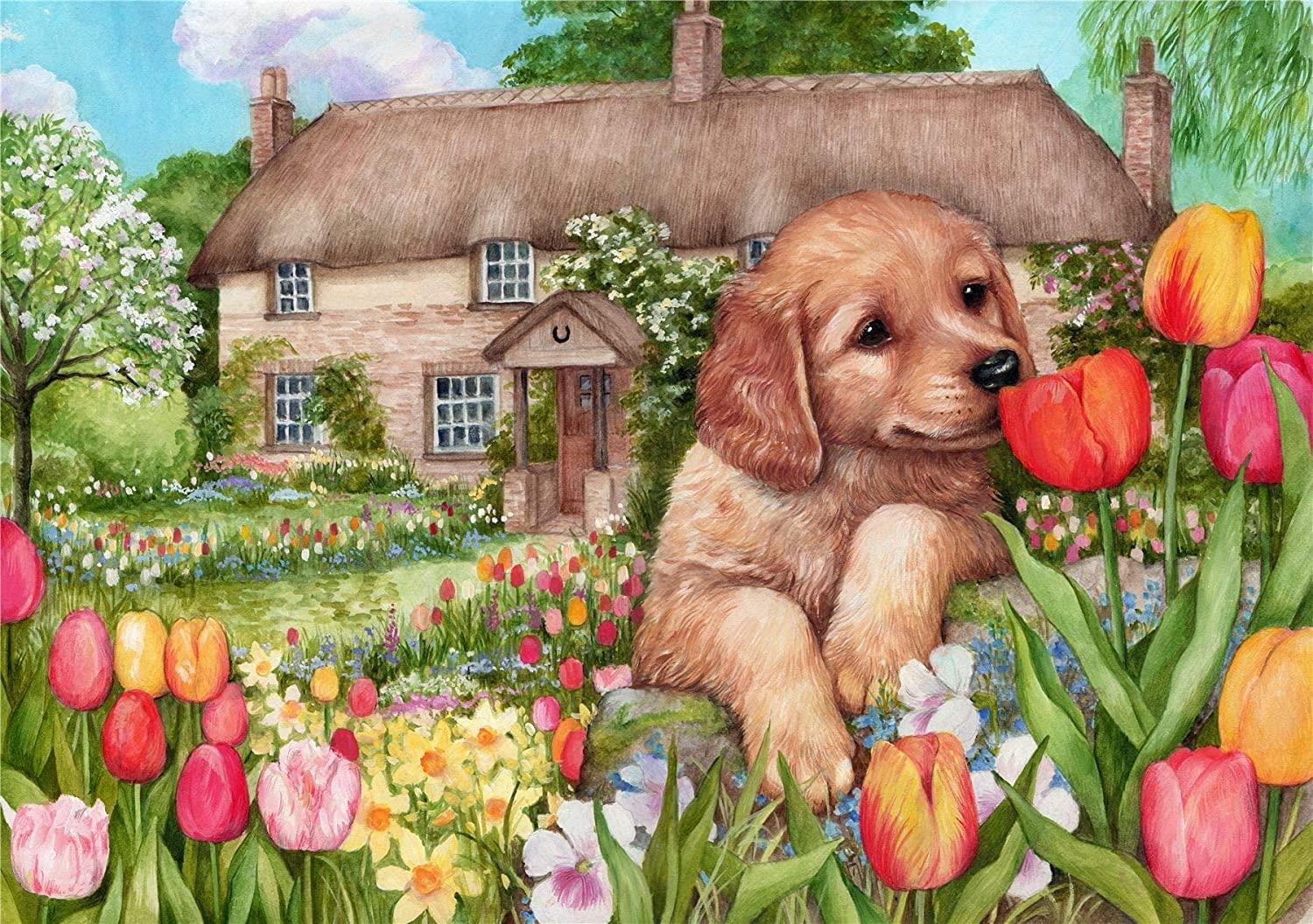 Puppy at Tulip Cottage - Debbie Cook Jigsaw Puzzle (500 Pieces)